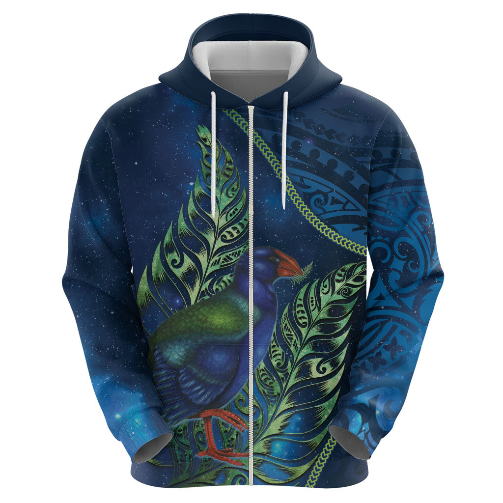 New Zealand Takahe Personalised Zip Hoodie Silver Fern Galaxy Polynesian Pattern