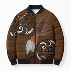 New Zealand Taiaha Bomber Puffer Jacket Maori Weapon Silver Fern Maori Pattern