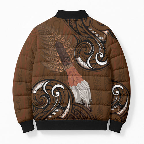 New Zealand Taiaha Bomber Puffer Jacket Maori Weapon Silver Fern Maori Pattern