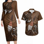 New Zealand Taiaha Couples Matching Long Sleeve Bodycon Dress and Hawaiian Shirt Maori Weapon Silver Fern Maori Pattern