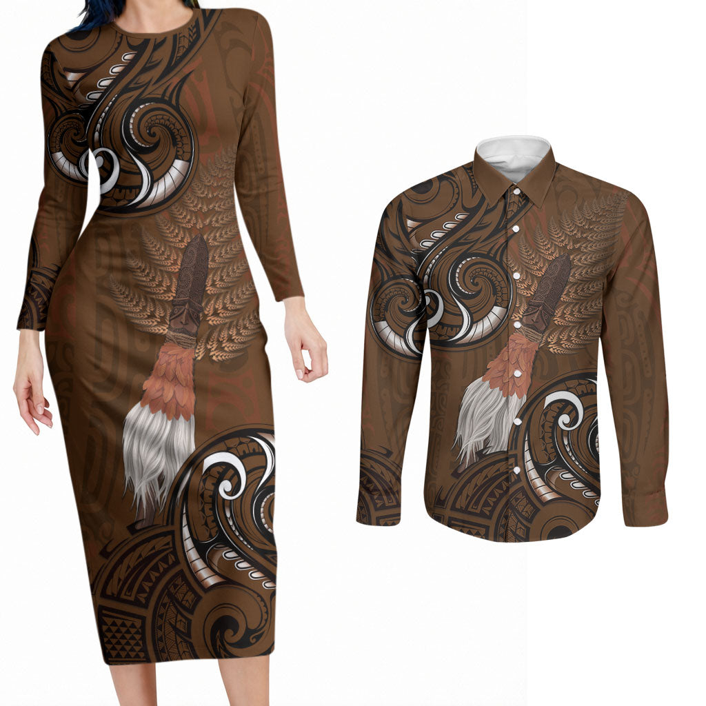 New Zealand Taiaha Couples Matching Long Sleeve Bodycon Dress and Long Sleeve Button Shirt Maori Weapon Silver Fern Maori Pattern