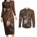 New Zealand Taiaha Couples Matching Long Sleeve Bodycon Dress and Long Sleeve Button Shirt Maori Weapon Silver Fern Maori Pattern