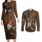 New Zealand Taiaha Couples Matching Long Sleeve Bodycon Dress and Long Sleeve Button Shirt Maori Weapon Silver Fern Maori Pattern