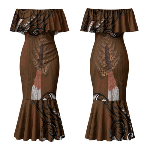 New Zealand Taiaha Couples Matching Mermaid Dress and Long Sleeve Button Shirt Maori Weapon Silver Fern Maori Pattern