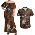 New Zealand Taiaha Couples Matching Off Shoulder Maxi Dress and Hawaiian Shirt Maori Weapon Silver Fern Maori Pattern