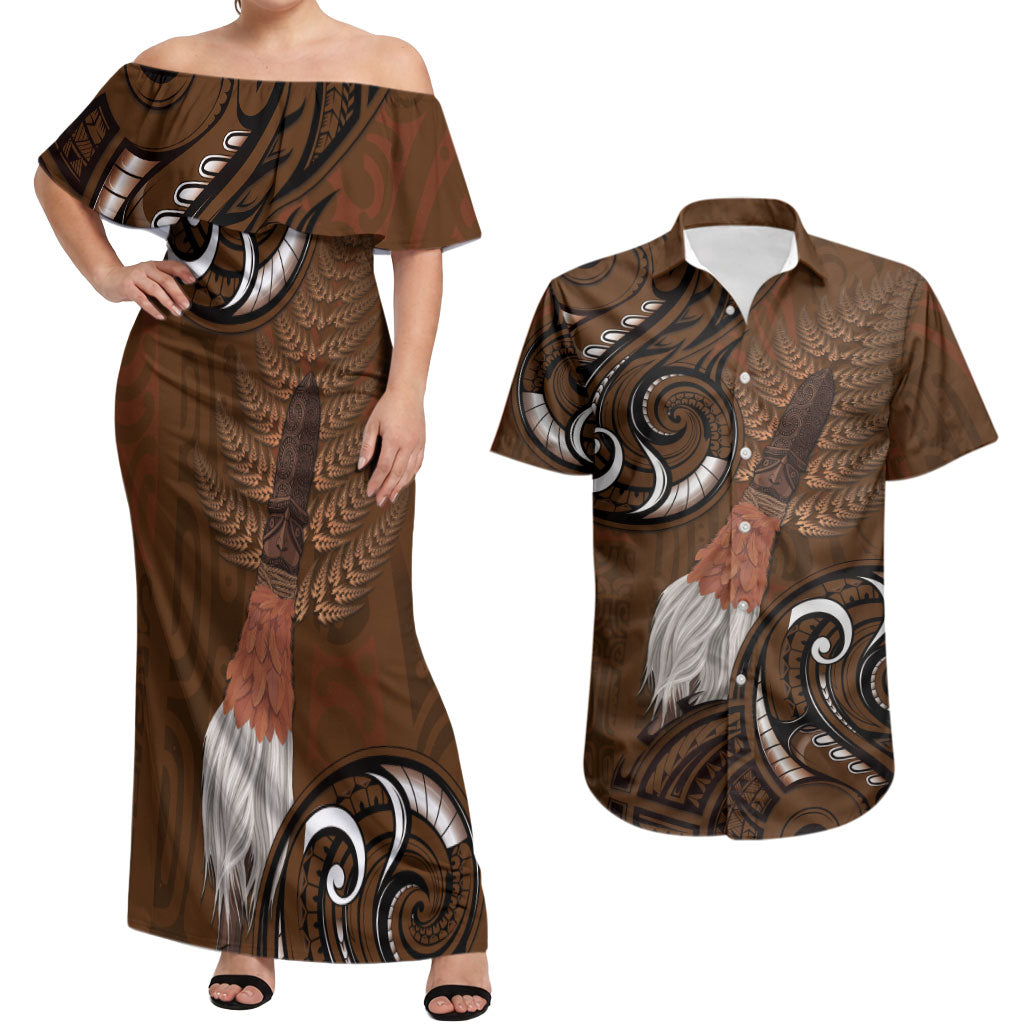 New Zealand Taiaha Couples Matching Off Shoulder Maxi Dress and Hawaiian Shirt Maori Weapon Silver Fern Maori Pattern