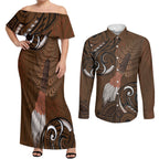 New Zealand Taiaha Couples Matching Off Shoulder Maxi Dress and Long Sleeve Button Shirt Maori Weapon Silver Fern Maori Pattern