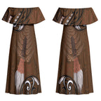 New Zealand Taiaha Couples Matching Off Shoulder Maxi Dress and Long Sleeve Button Shirt Maori Weapon Silver Fern Maori Pattern