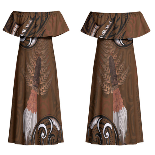 New Zealand Taiaha Couples Matching Off Shoulder Maxi Dress and Long Sleeve Button Shirt Maori Weapon Silver Fern Maori Pattern