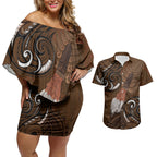 New Zealand Taiaha Couples Matching Off Shoulder Short Dress and Hawaiian Shirt Maori Weapon Silver Fern Maori Pattern