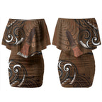 New Zealand Taiaha Couples Matching Off Shoulder Short Dress and Hawaiian Shirt Maori Weapon Silver Fern Maori Pattern