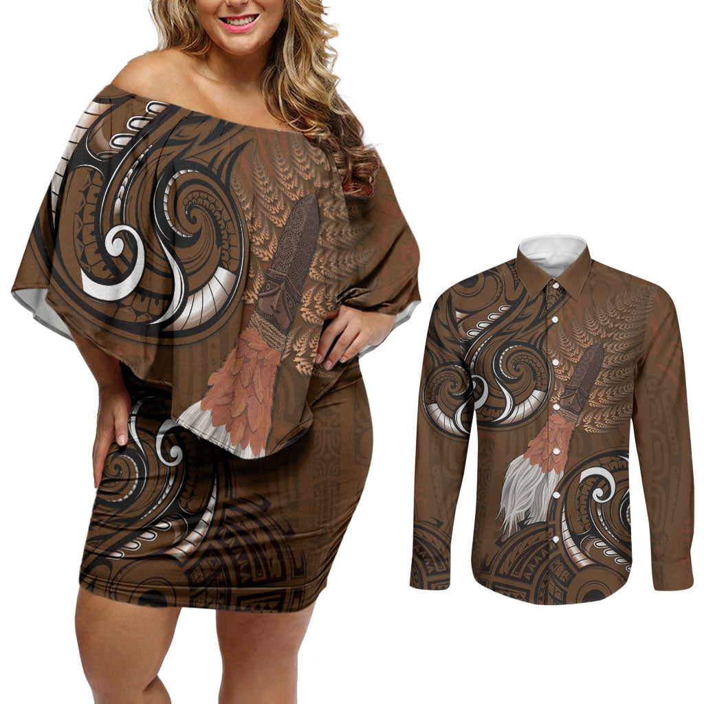 New Zealand Taiaha Couples Matching Off Shoulder Short Dress and Long Sleeve Button Shirt Maori Weapon Silver Fern Maori Pattern