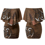 New Zealand Taiaha Couples Matching Off Shoulder Short Dress and Long Sleeve Button Shirt Maori Weapon Silver Fern Maori Pattern
