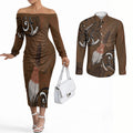 New Zealand Taiaha Couples Matching Off The Shoulder Long Sleeve Dress and Long Sleeve Button Shirt Maori Weapon Silver Fern Maori Pattern