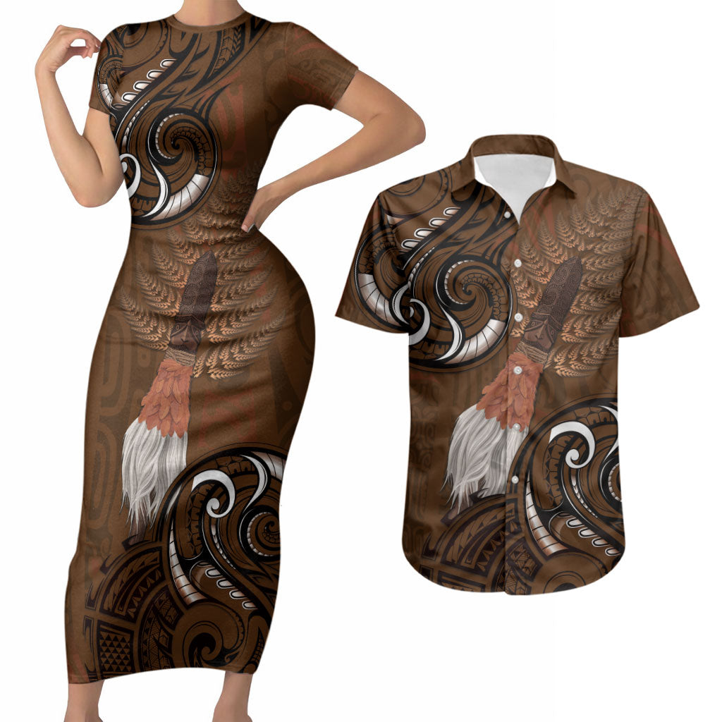 New Zealand Taiaha Couples Matching Short Sleeve Bodycon Dress and Hawaiian Shirt Maori Weapon Silver Fern Maori Pattern