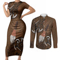 New Zealand Taiaha Couples Matching Short Sleeve Bodycon Dress and Long Sleeve Button Shirt Maori Weapon Silver Fern Maori Pattern