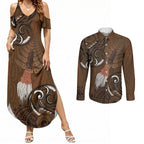 New Zealand Taiaha Couples Matching Summer Maxi Dress and Long Sleeve Button Shirt Maori Weapon Silver Fern Maori Pattern