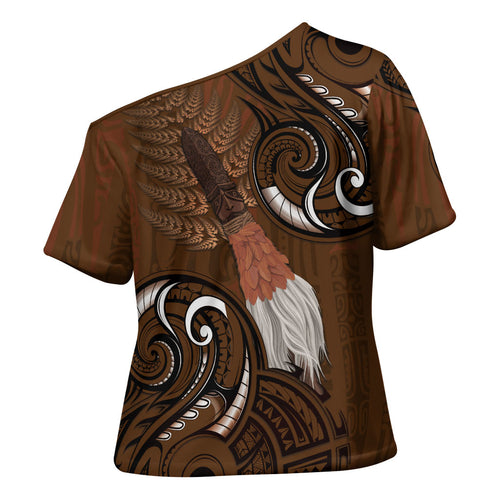 New Zealand Taiaha Cross Shoulder Shirt Maori Weapon Silver Fern Maori Pattern