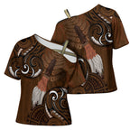 New Zealand Taiaha Cross Shoulder Shirt Maori Weapon Silver Fern Maori Pattern