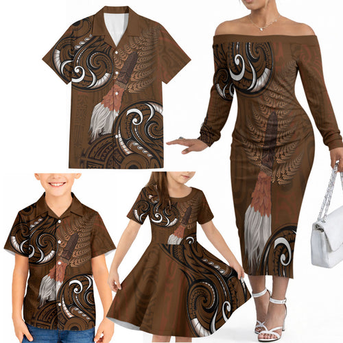 New Zealand Taiaha Family Matching Off The Shoulder Long Sleeve Dress and Hawaiian Shirt Maori Weapon Silver Fern Maori Pattern