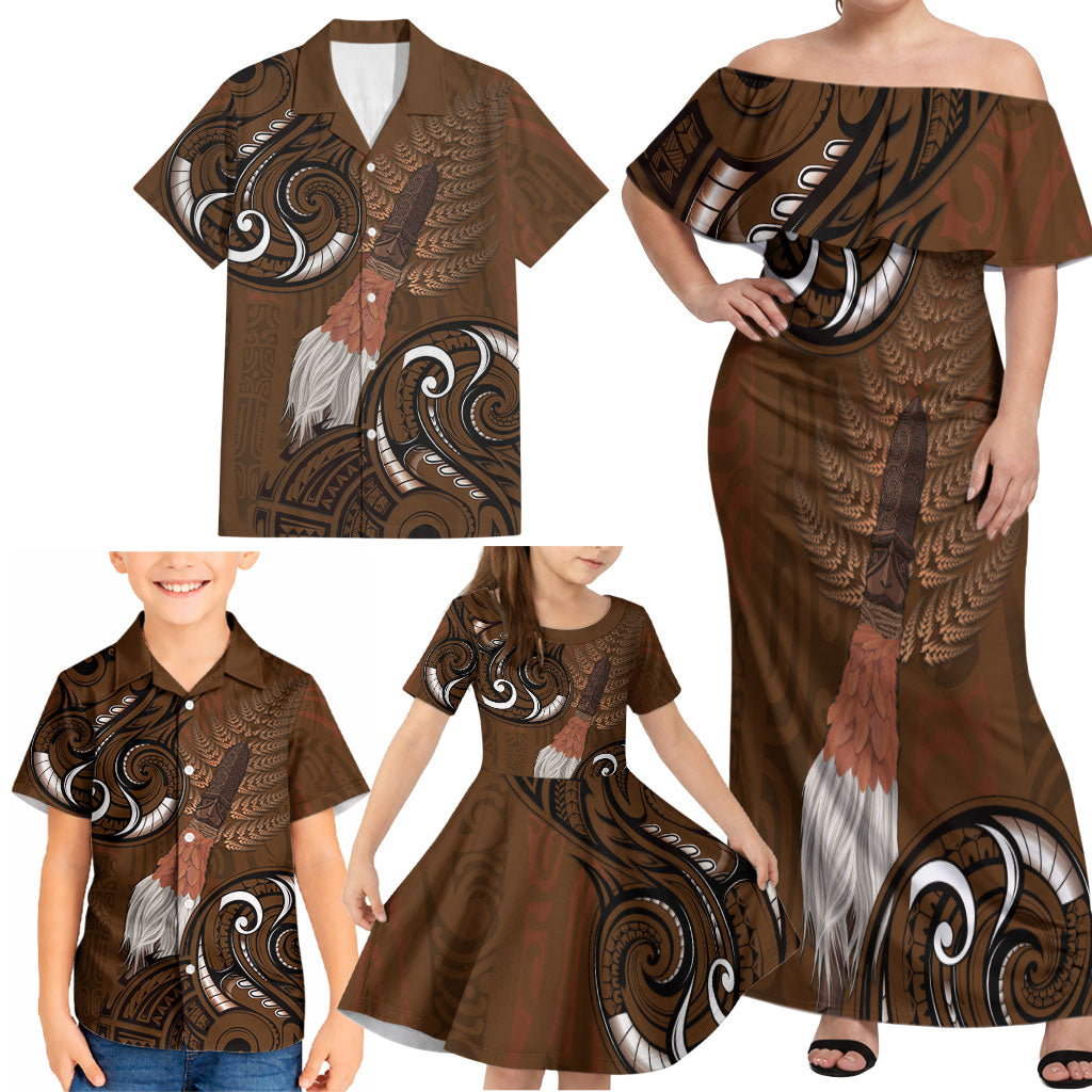 New Zealand Taiaha Family Matching Off Shoulder Maxi Dress and Hawaiian Shirt Maori Weapon Silver Fern Maori Pattern