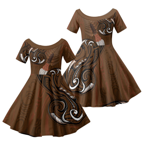 New Zealand Taiaha Family Matching Off Shoulder Maxi Dress and Hawaiian Shirt Maori Weapon Silver Fern Maori Pattern