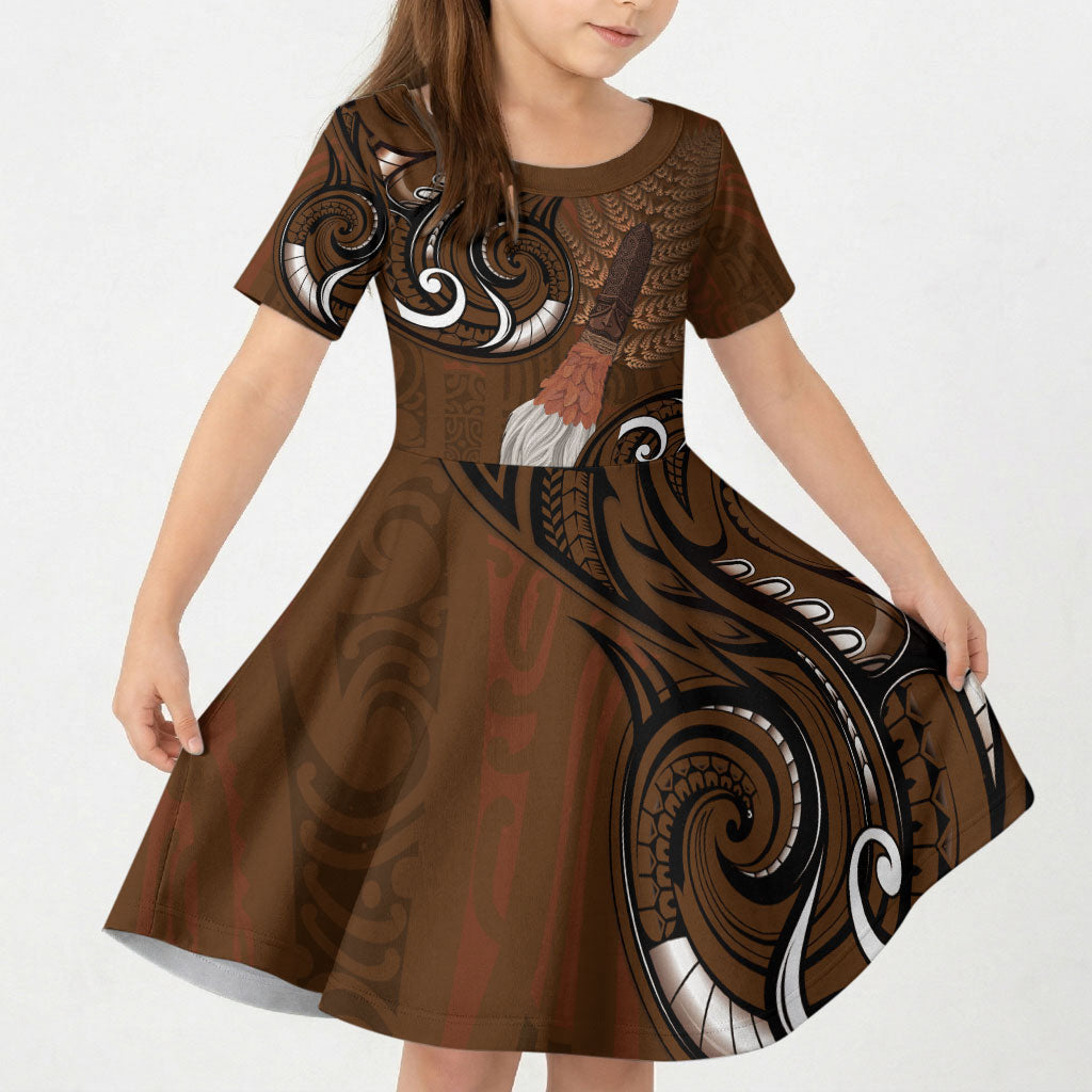 New Zealand Taiaha Kid Short Sleeve Dress Maori Weapon Silver Fern Maori Pattern