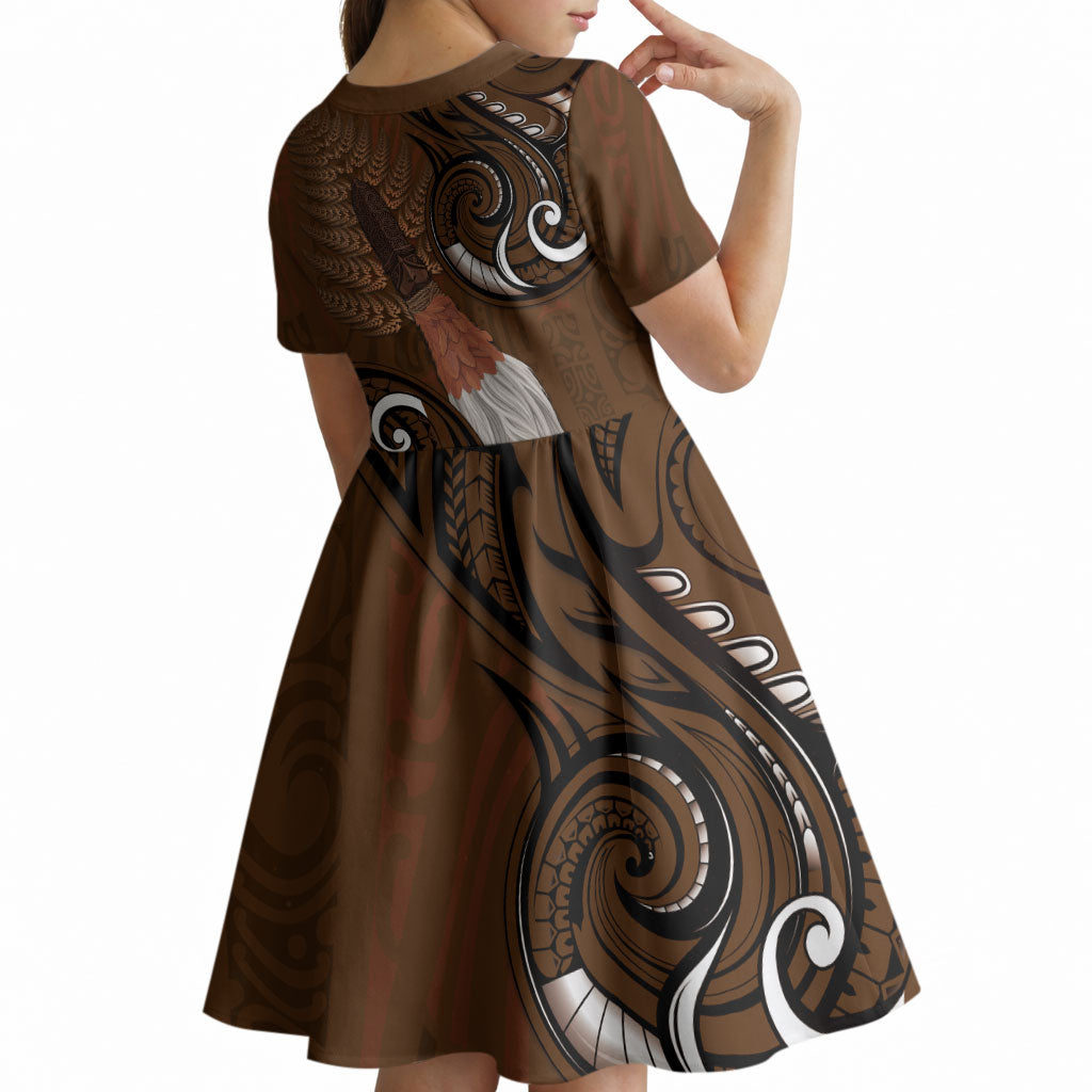 New Zealand Taiaha Kid Short Sleeve Dress Maori Weapon Silver Fern Maori Pattern