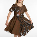 New Zealand Taiaha Kid Short Sleeve Dress Maori Weapon Silver Fern Maori Pattern