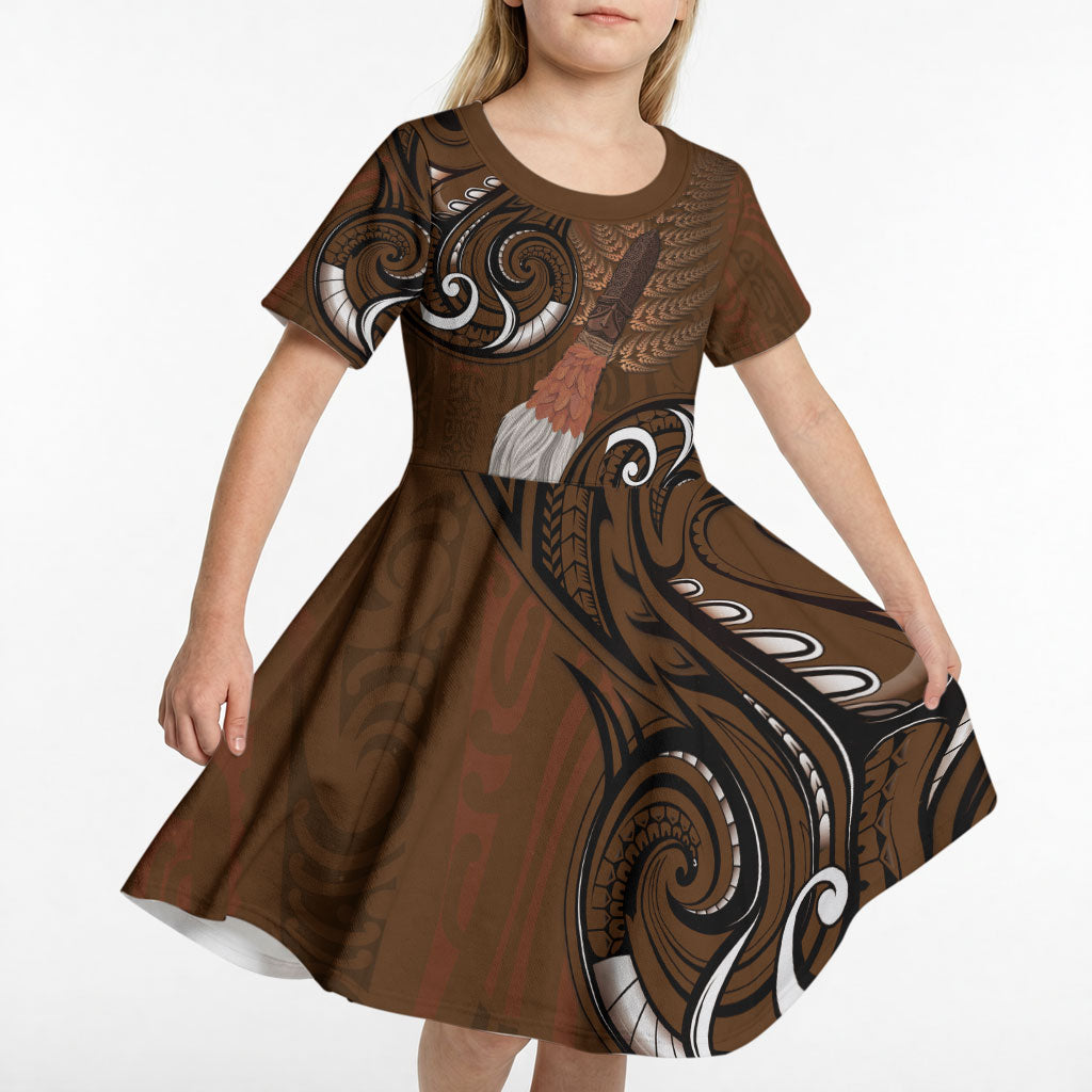 New Zealand Taiaha Kid Short Sleeve Dress Maori Weapon Silver Fern Maori Pattern