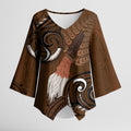 New Zealand Taiaha Kimono Sleeve Blouse Maori Weapon Silver Fern Maori Pattern