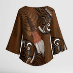 New Zealand Taiaha Kimono Sleeve Blouse Maori Weapon Silver Fern Maori Pattern