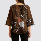 New Zealand Taiaha Kimono Sleeve Blouse Maori Weapon Silver Fern Maori Pattern