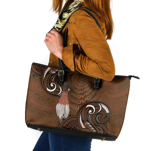 New Zealand Taiaha Leather Tote Bag Maori Weapon Silver Fern Maori Pattern