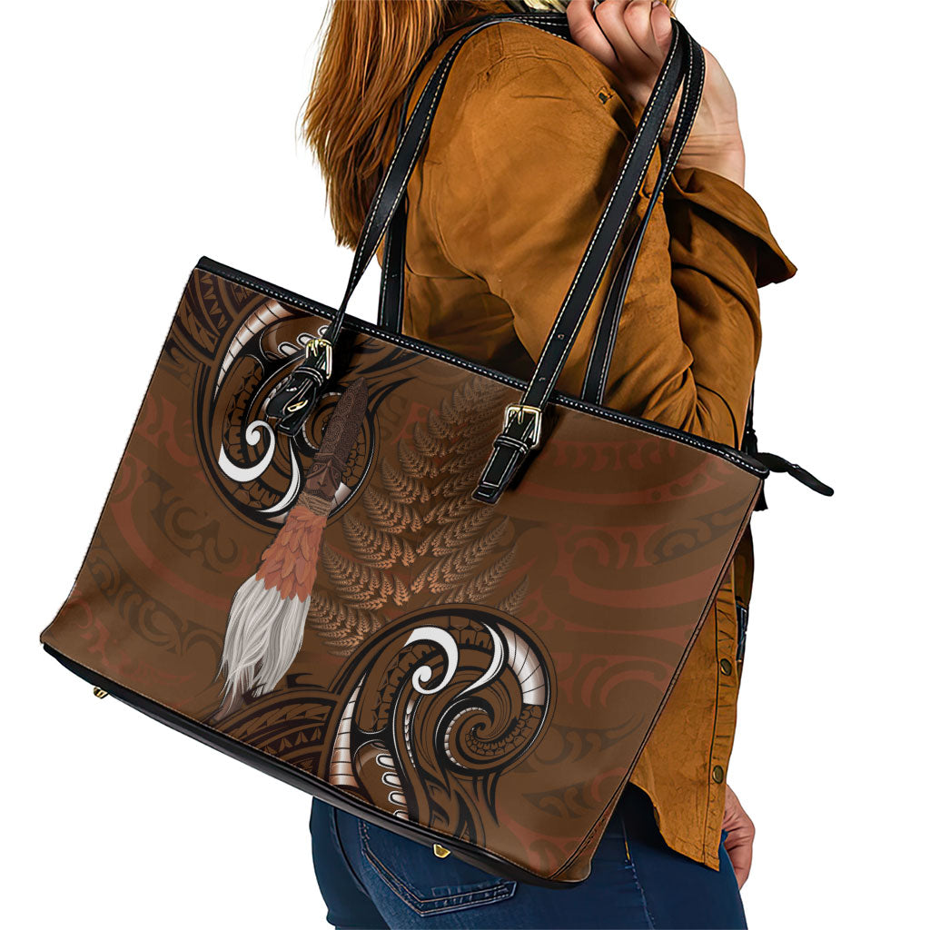 New Zealand Taiaha Leather Tote Bag Maori Weapon Silver Fern Maori Pattern