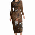 New Zealand Taiaha Long Sleeve Bodycon Dress Maori Weapon Silver Fern Maori Pattern