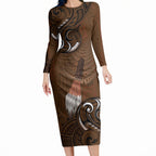 New Zealand Taiaha Long Sleeve Bodycon Dress Maori Weapon Silver Fern Maori Pattern