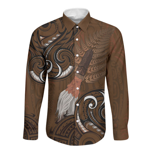 New Zealand Taiaha Long Sleeve Button Shirt Maori Weapon Silver Fern Maori Pattern