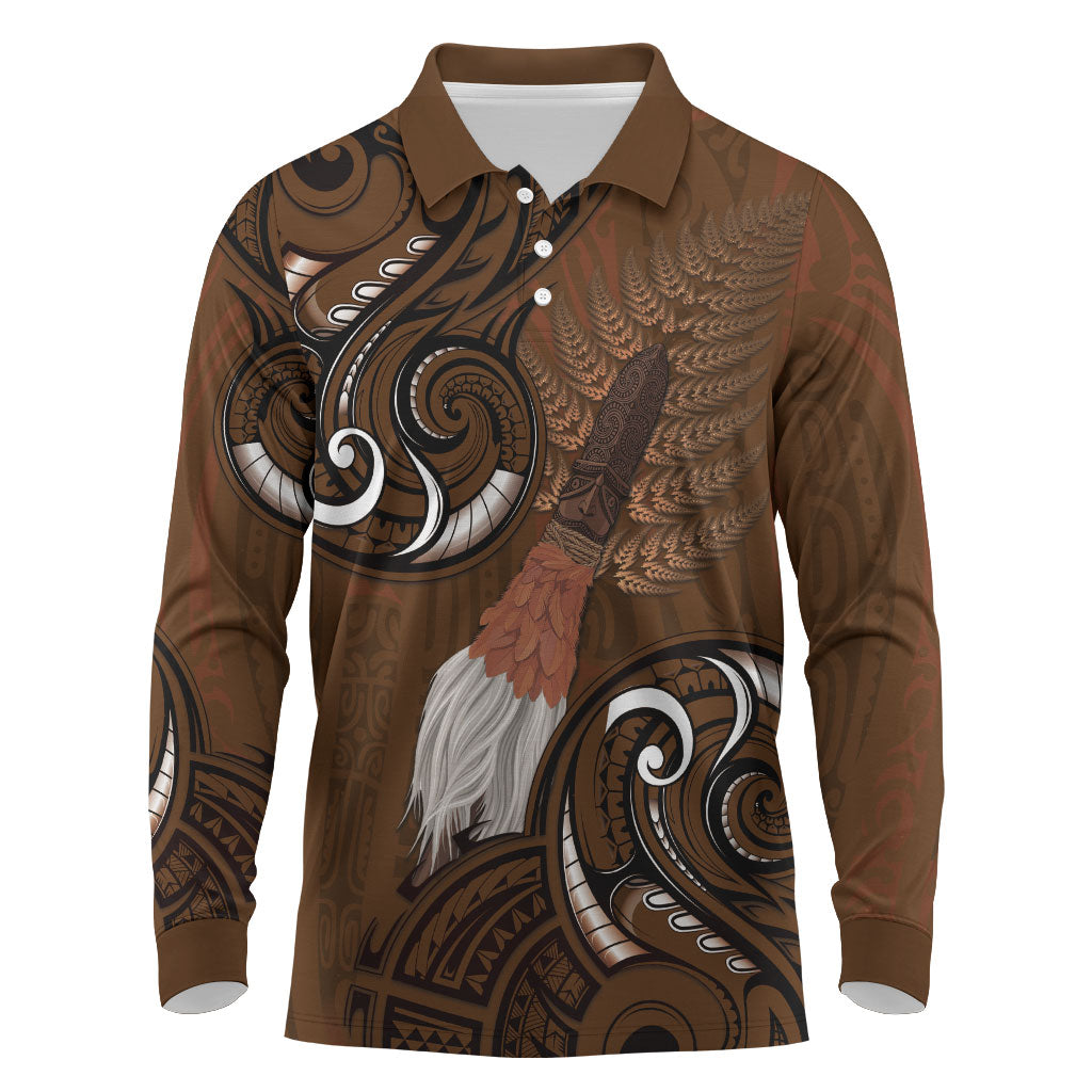 New Zealand Taiaha Long Sleeve Polo Shirt Maori Weapon Silver Fern Maori Pattern