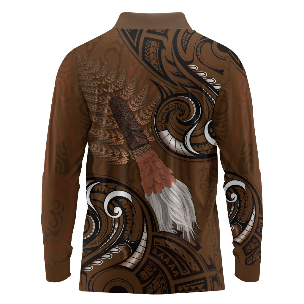 New Zealand Taiaha Long Sleeve Polo Shirt Maori Weapon Silver Fern Maori Pattern