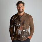 New Zealand Taiaha Long Sleeve Polo Shirt Maori Weapon Silver Fern Maori Pattern