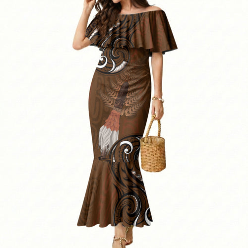 New Zealand Taiaha Mermaid Dress Maori Weapon Silver Fern Maori Pattern