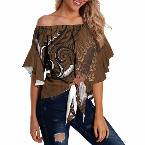 New Zealand Taiaha Off Shoulder Wrap Waist Top Maori Weapon Silver Fern Maori Pattern