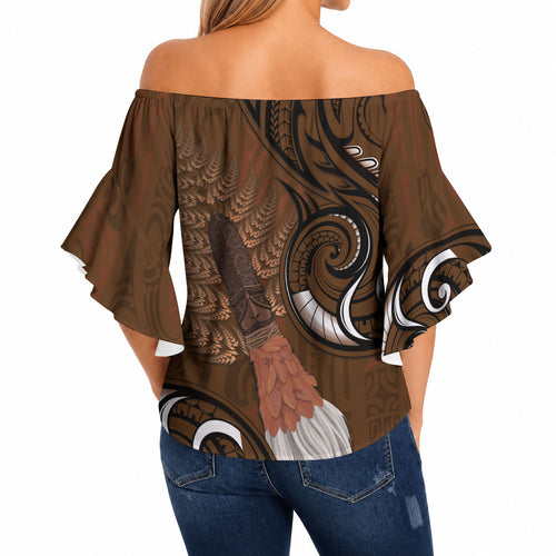 New Zealand Taiaha Off Shoulder Wrap Waist Top Maori Weapon Silver Fern Maori Pattern