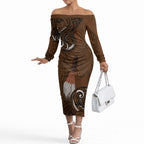 New Zealand Taiaha Off The Shoulder Long Sleeve Dress Maori Weapon Silver Fern Maori Pattern