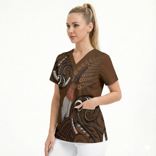 New Zealand Taiaha Scrub Top Maori Weapon Silver Fern Maori Pattern