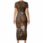 New Zealand Taiaha Short Sleeve Bodycon Dress Maori Weapon Silver Fern Maori Pattern