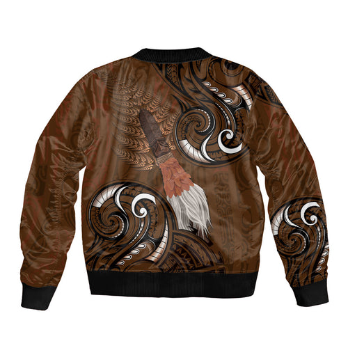New Zealand Taiaha Sleeve Zip Bomber Jacket Maori Weapon Silver Fern Maori Pattern