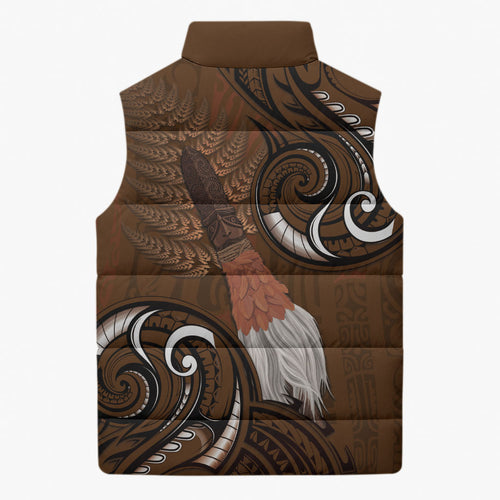 New Zealand Taiaha Sleeveless Puffer Jacket Maori Weapon Silver Fern Maori Pattern