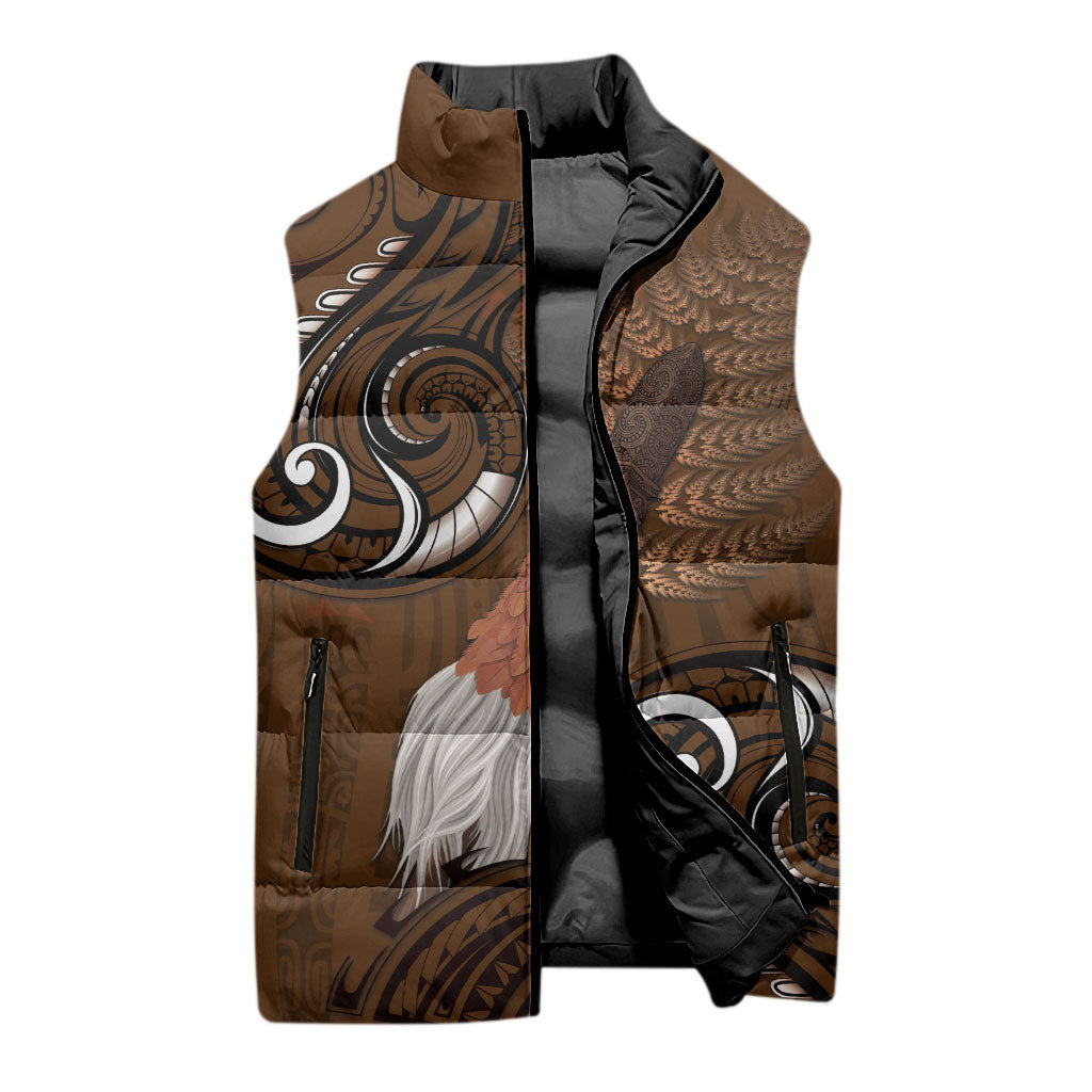 New Zealand Taiaha Sleeveless Puffer Jacket Maori Weapon Silver Fern Maori Pattern